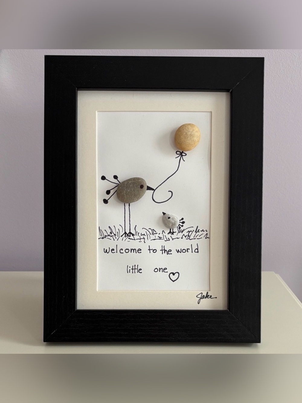 NWOT Black Framed Pebble Art - Welcome to the World Little One Signed By Jake